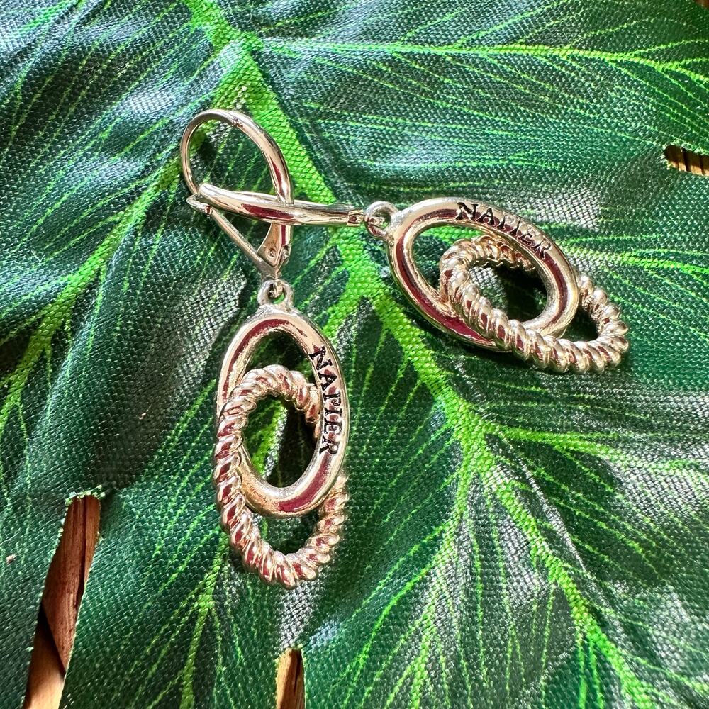 BOGO FREE Signed Napier, gold clam hook, dangle earrings crystals ￼